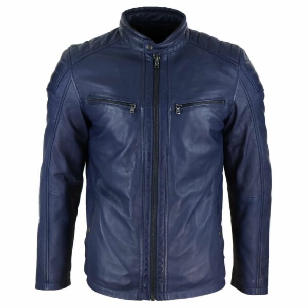 Real Leather Tailored Fit Mens Biker Jacket – Navy Blue - OldLeatherWorld!