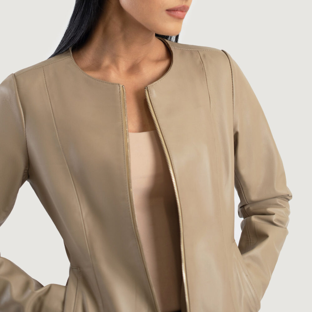 Elixir Beige Collarless Real Leather Jacket