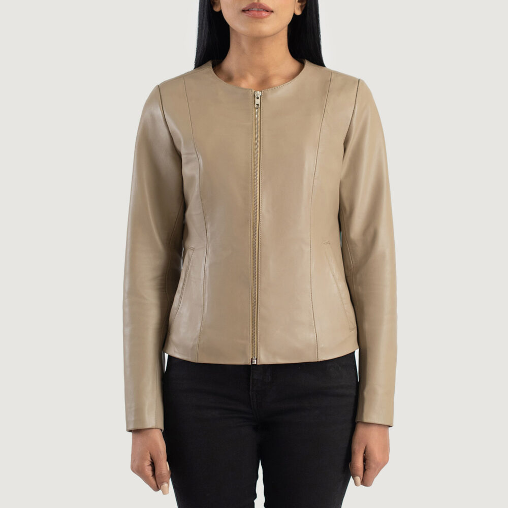 Women's+Elixir+Beige+Collarless+Leather+Jacket+Close+Front-5-