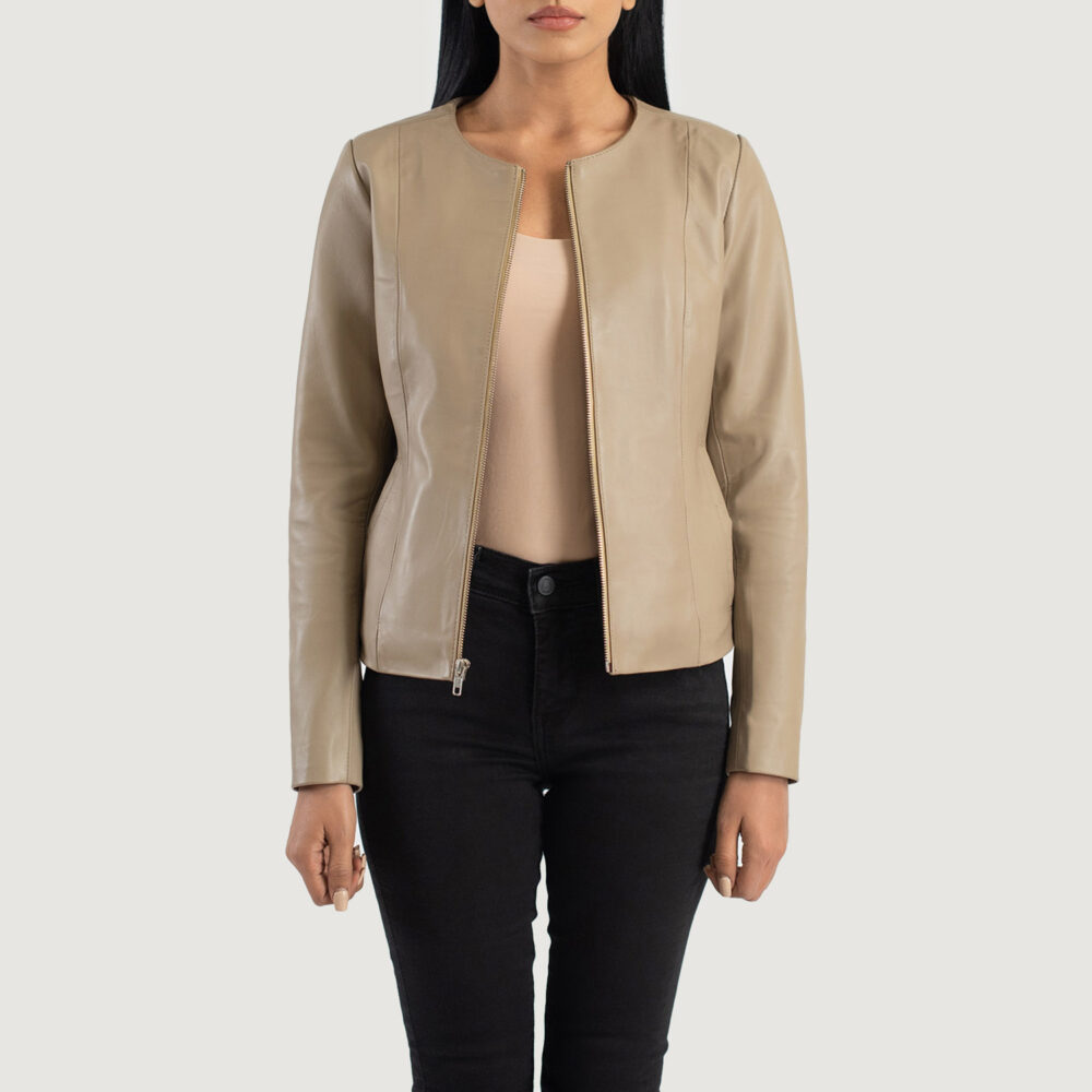 Elixir Beige Collarless Real Leather Jacket