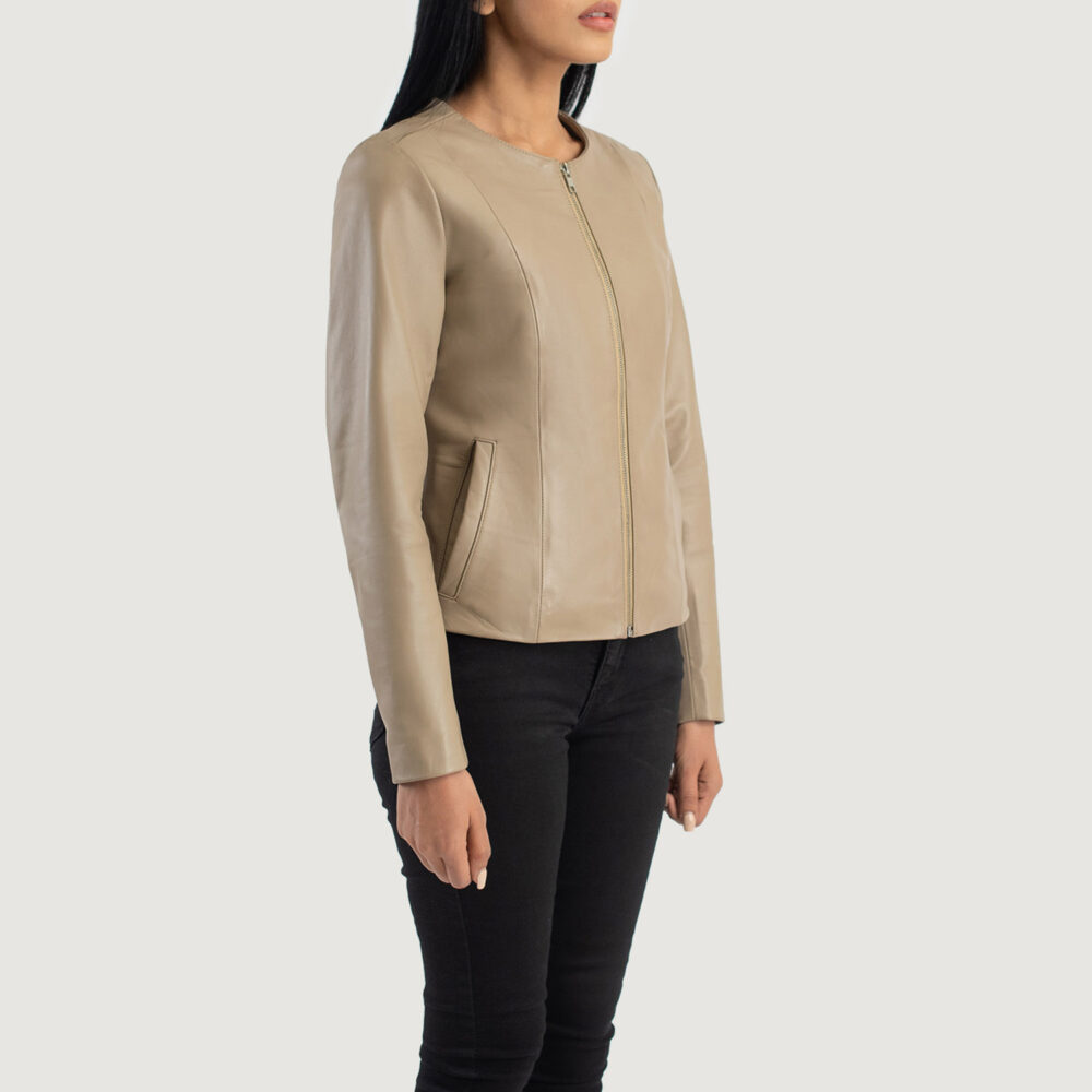 Elixir Beige Collarless Real Leather Jacket