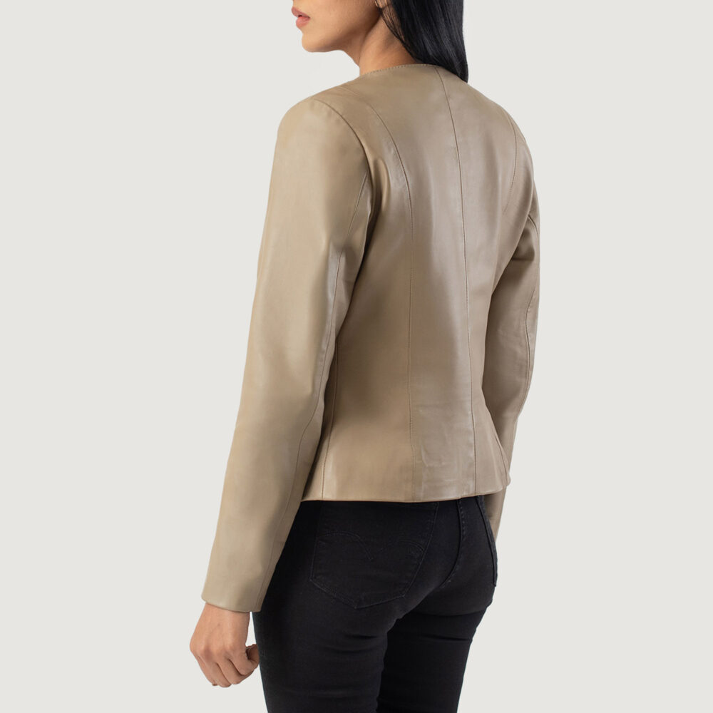 Elixir Beige Collarless Real Leather Jacket