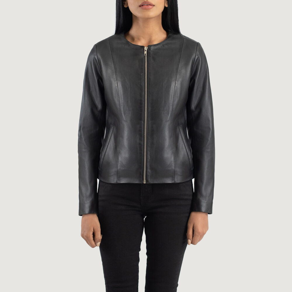 Women's+Elixir+Black+Collarless+Leather+Jacket+Close+Front-5-