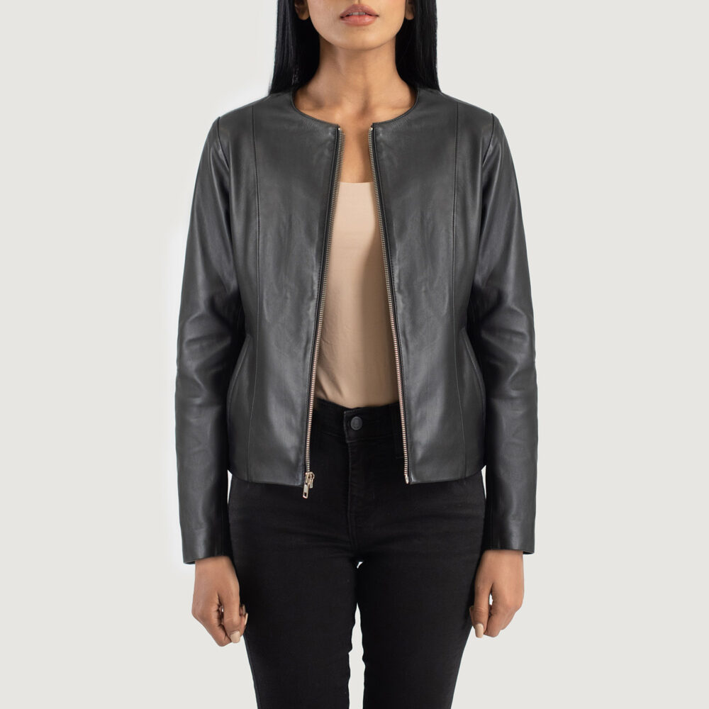 Elixir Black Collarless Real Leather Jacket - Image 2