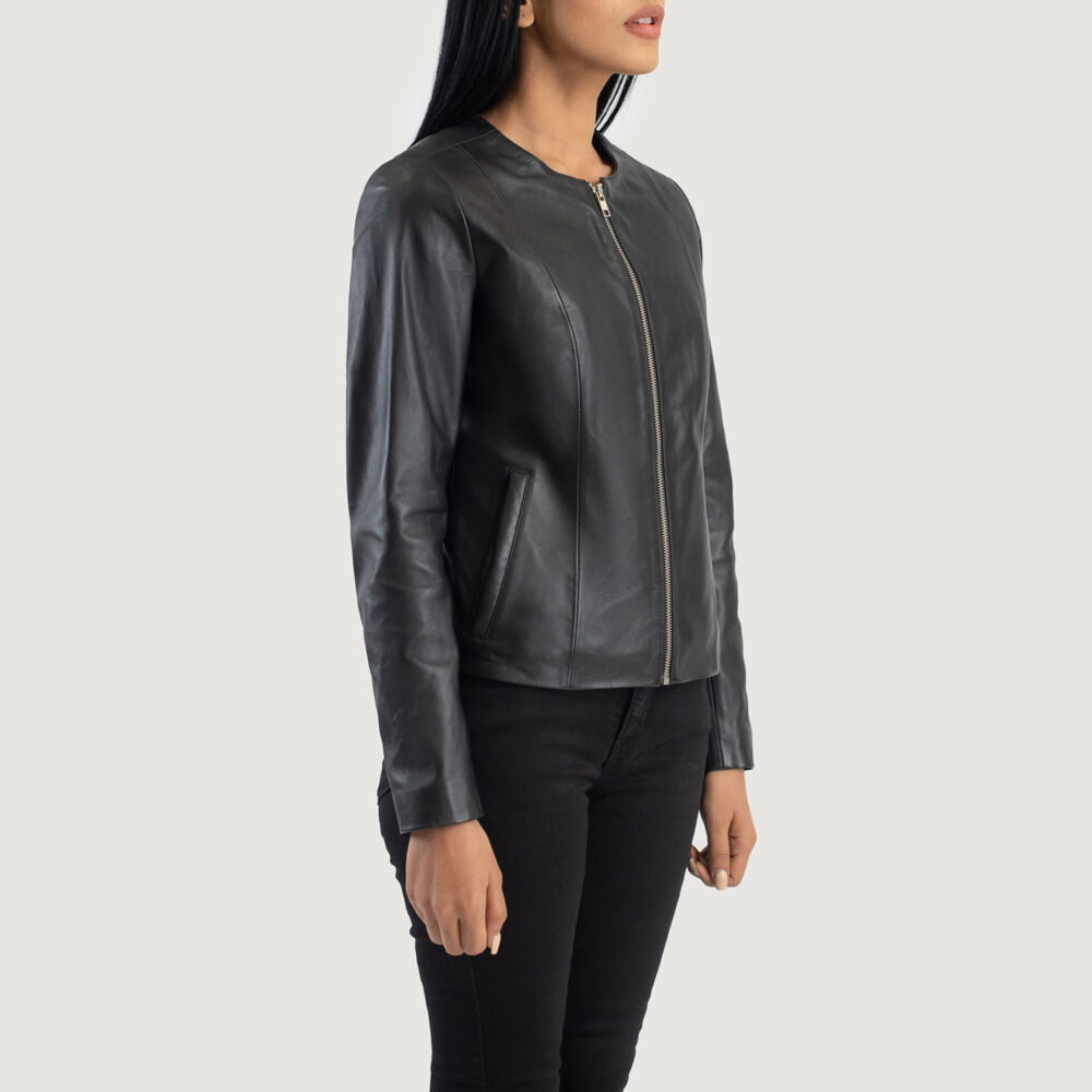 Elixir Black Collarless Real Leather Jacket - Image 4