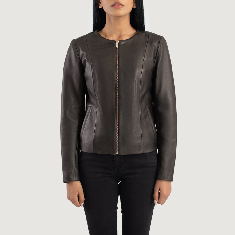 Women's+Elixir+Brown+Collarless+Leather+Jacket+Close+Front-5-