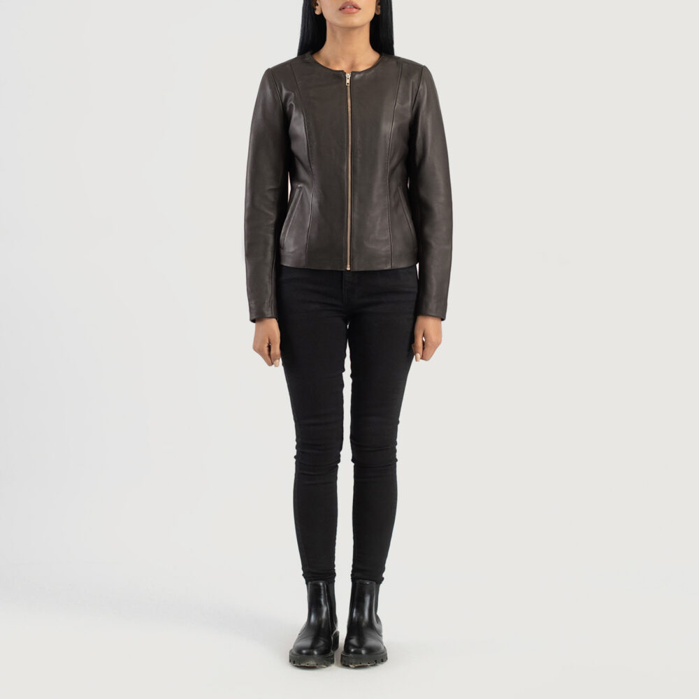 Elixir Brown Collarless Real Leather Jacket - Image 6