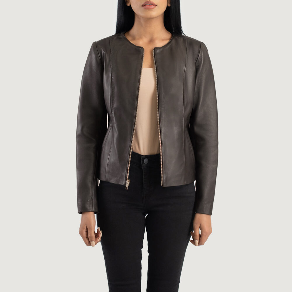 Elixir Brown Collarless Real Leather Jacket - Image 2