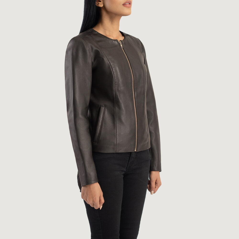 Elixir Brown Collarless Real Leather Jacket - Image 5
