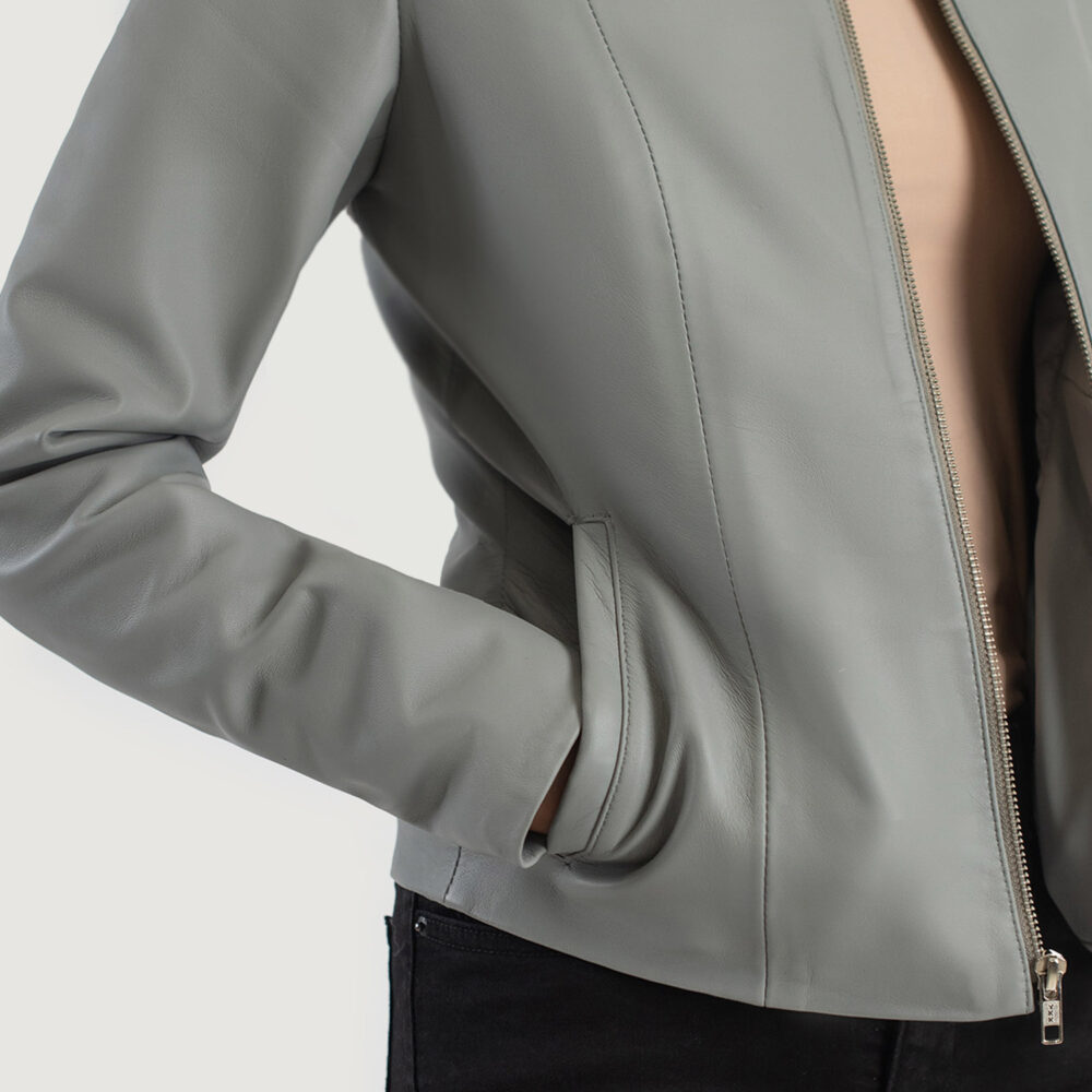 Elixir Grey Collarless Real Leather Jacket