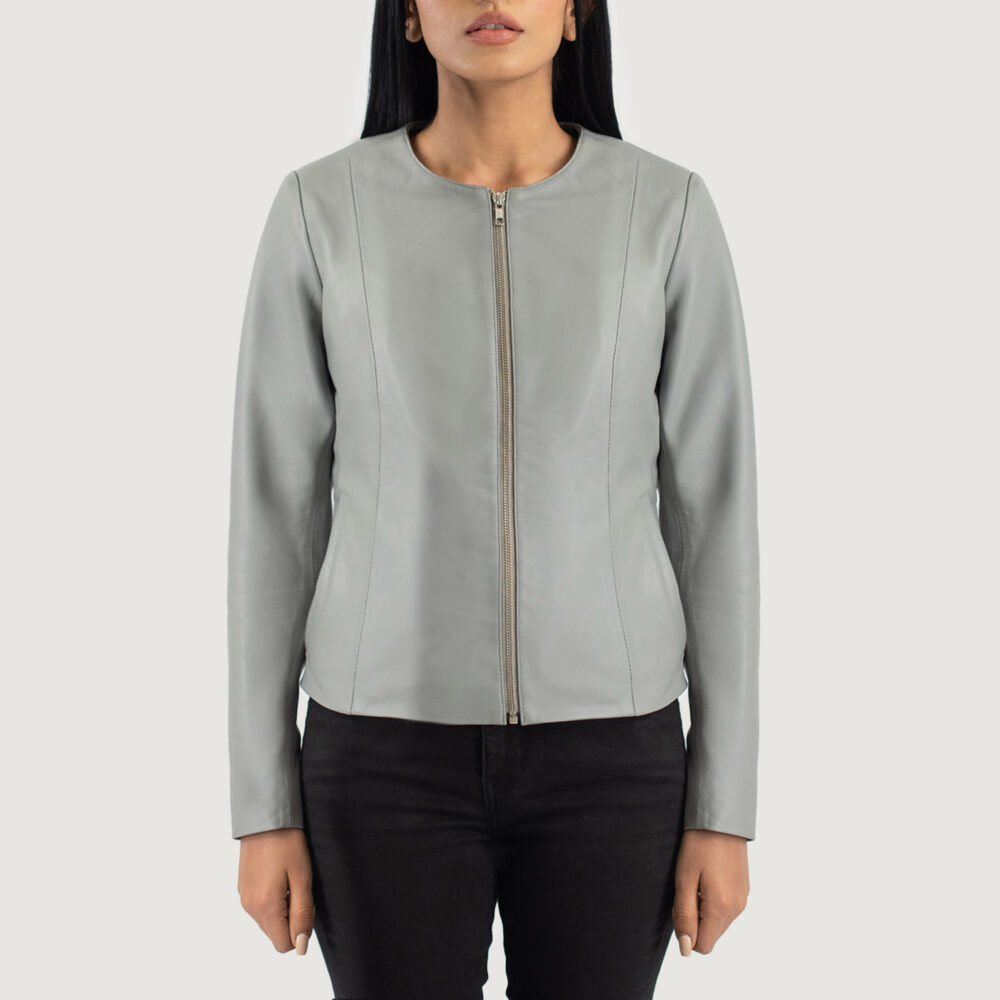 Women's+Elixir+Grey+Collarless+Leather+Jacket+Close+Front-5-