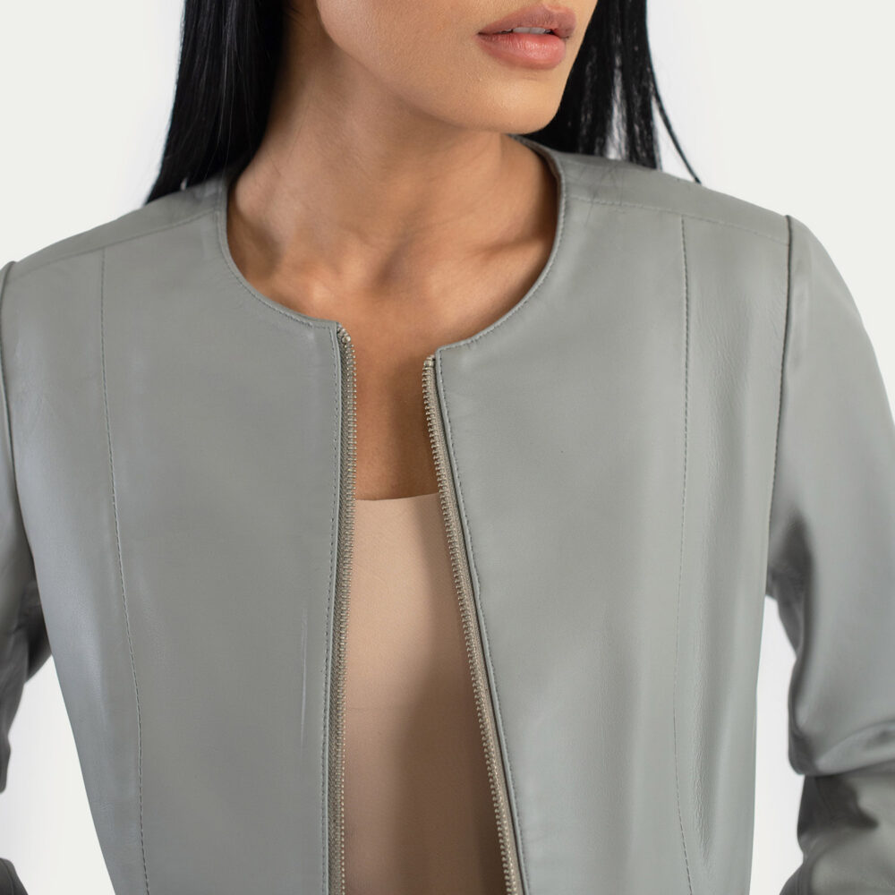 Elixir Grey Collarless Real Leather Jacket