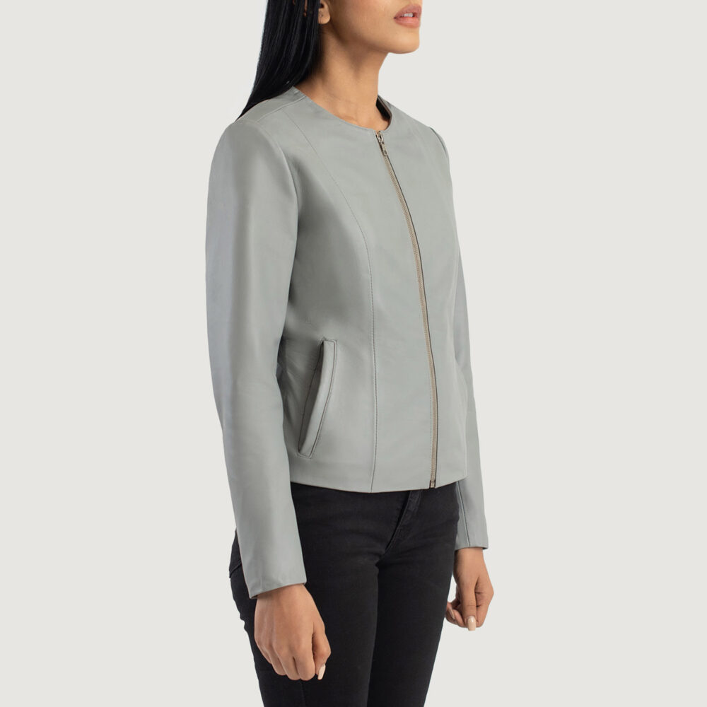 Elixir Grey Collarless Real Leather Jacket