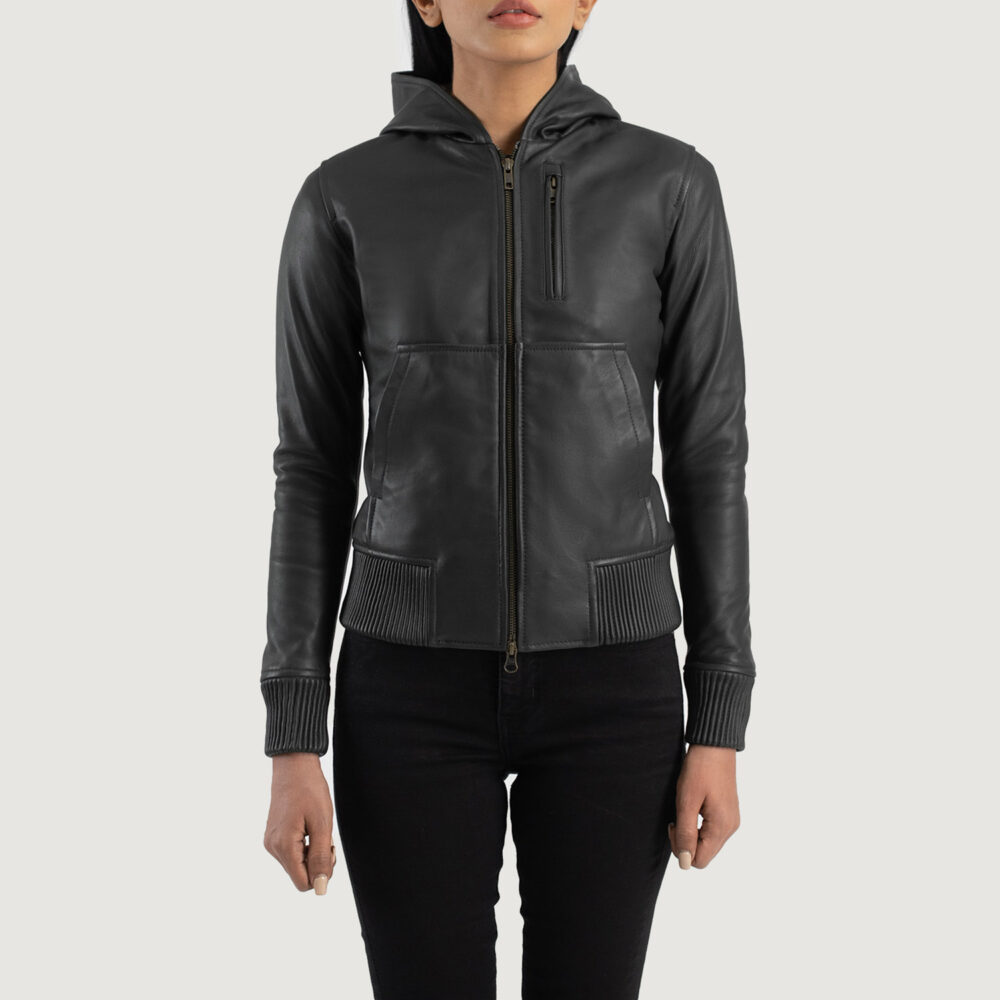 Women's+Luna+Black+Hooded+Leather+Bomber+Jacket+Close+Front-5-