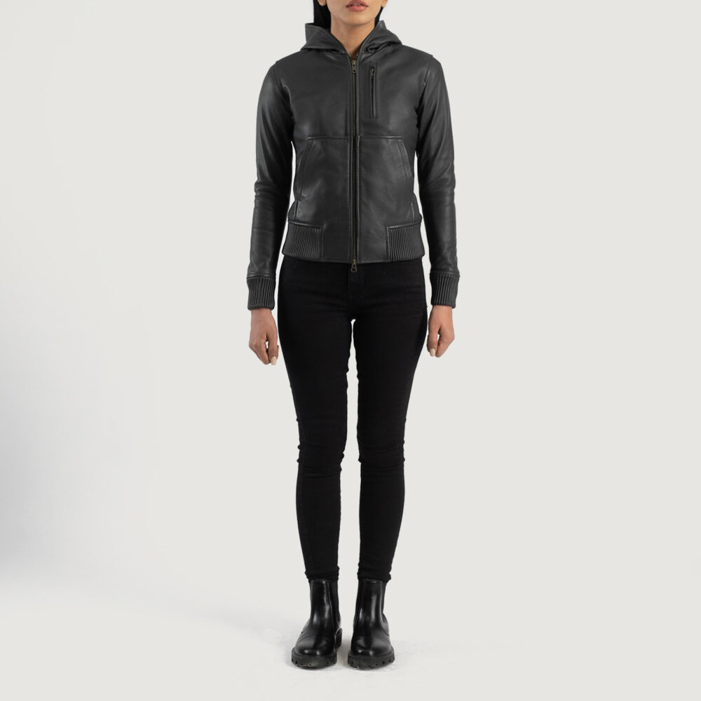 Luna Black Hooded Real Leather Bomber Jacket