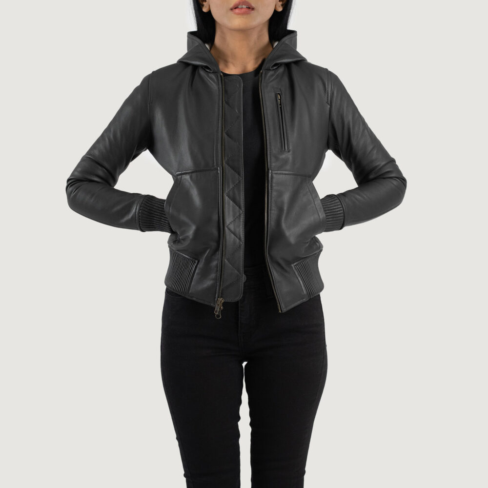 Luna Black Hooded Real Leather Bomber Jacket