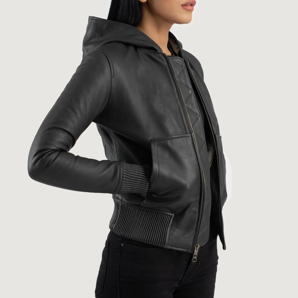 Luna Black Hooded Real Leather Bomber Jacket