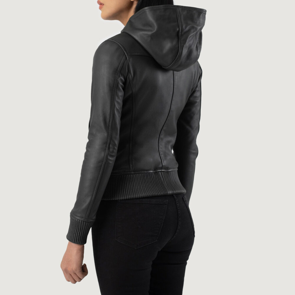 Luna Black Hooded Real Leather Bomber Jacket