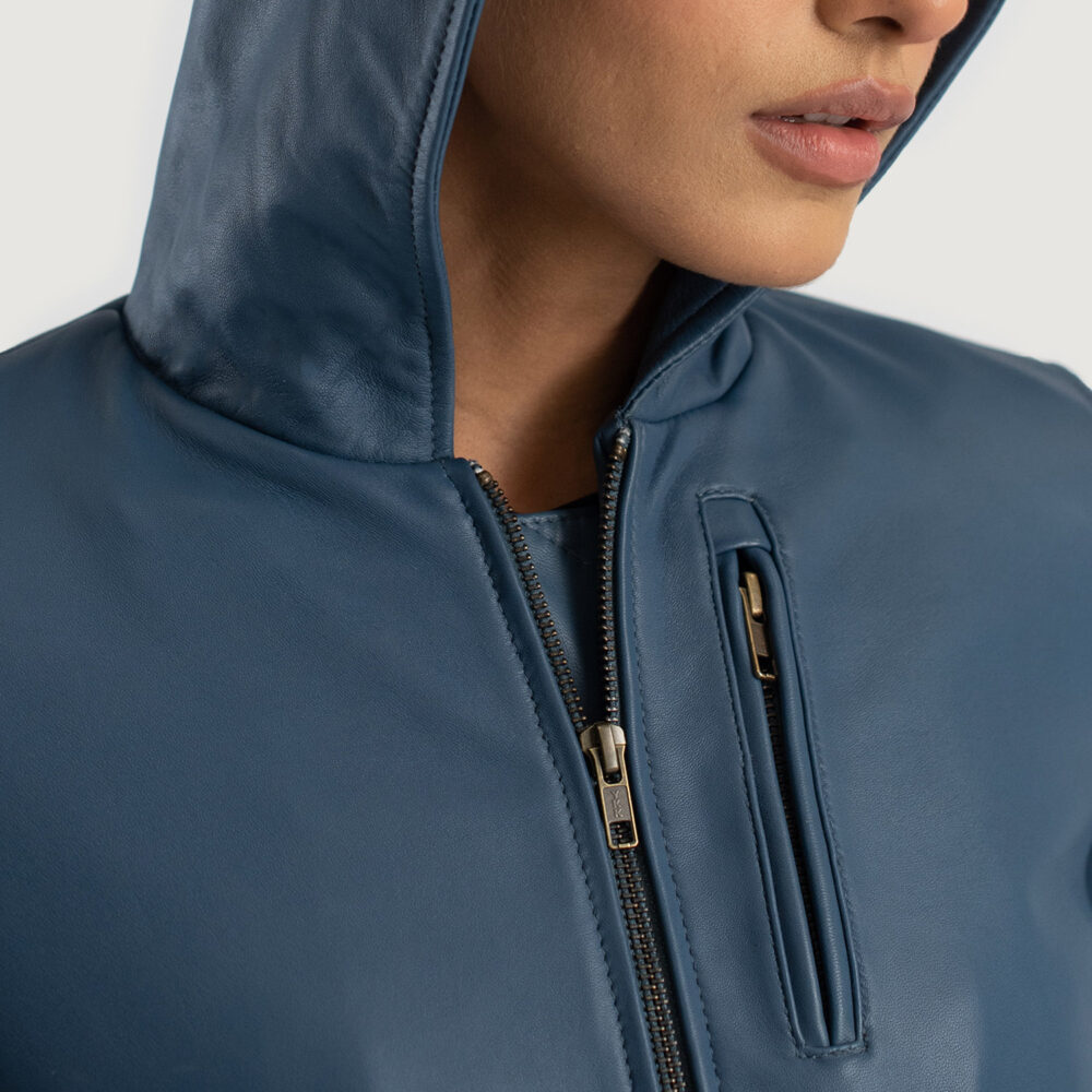 Luna Blue Hooded Real Leather Bomber Jacket - Image 3