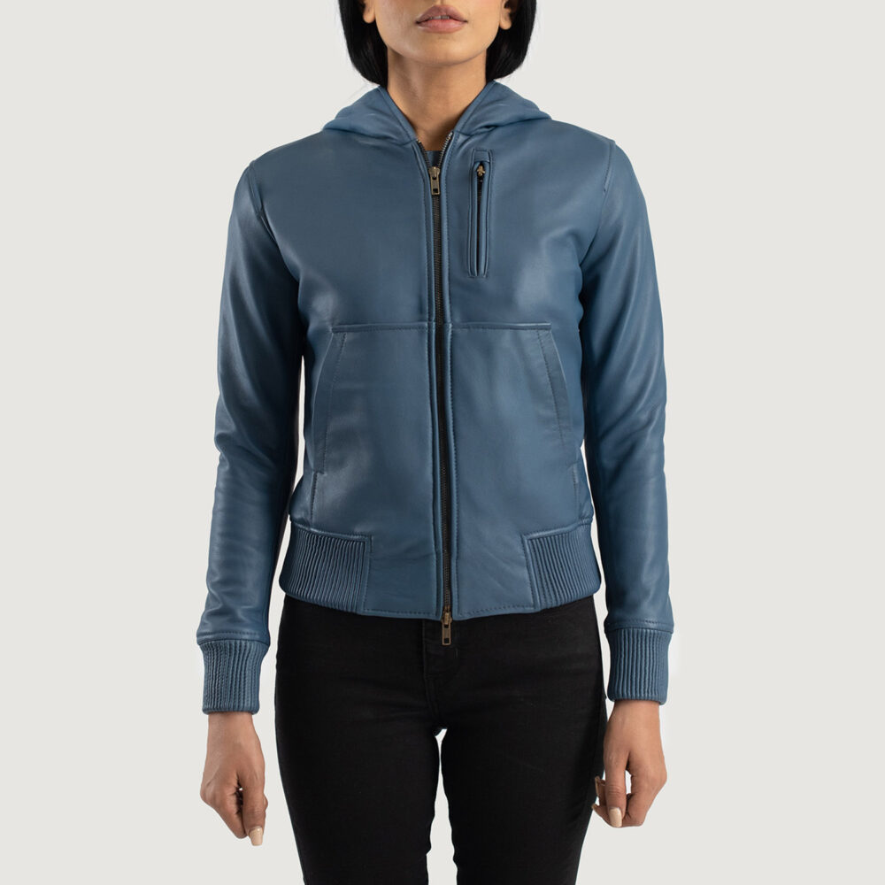 Women's+Luna+Blue+Hooded+Leather+Bomber+Jacket+Close+Front-5-