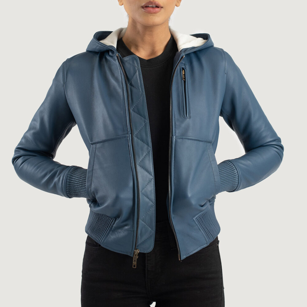 Luna Blue Hooded Real Leather Bomber Jacket - Image 2