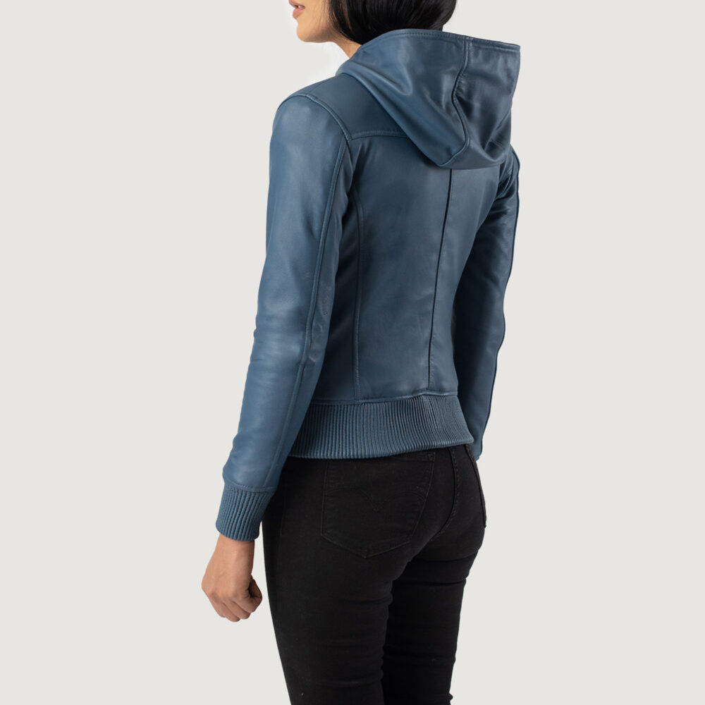 Luna Blue Hooded Real Leather Bomber Jacket - Image 5