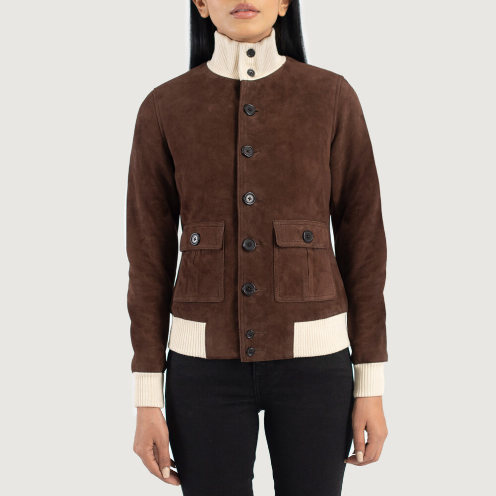 Women's++Sasha+A1+Brown+Suede+Bomber+Jacket+Close+Front-5-