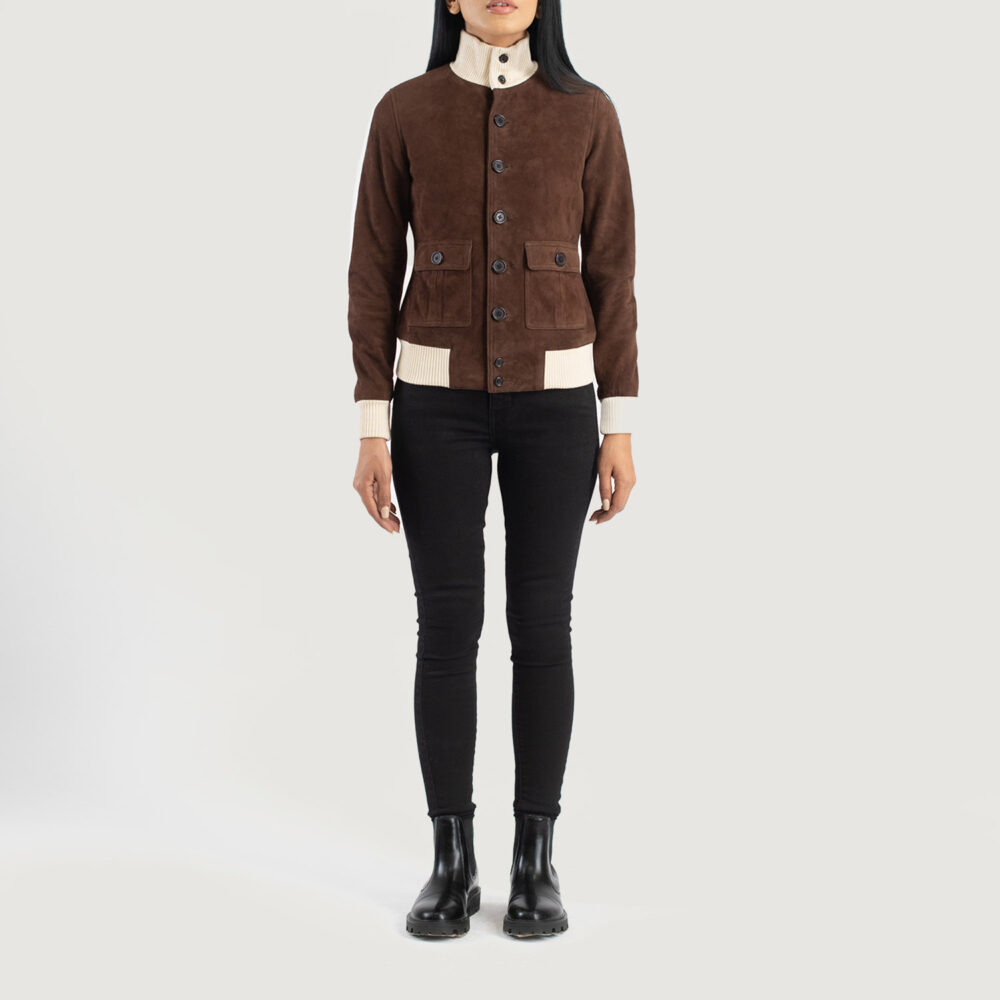 Sasha A1 Brown Suede Bomber Leather Jacket - Image 6