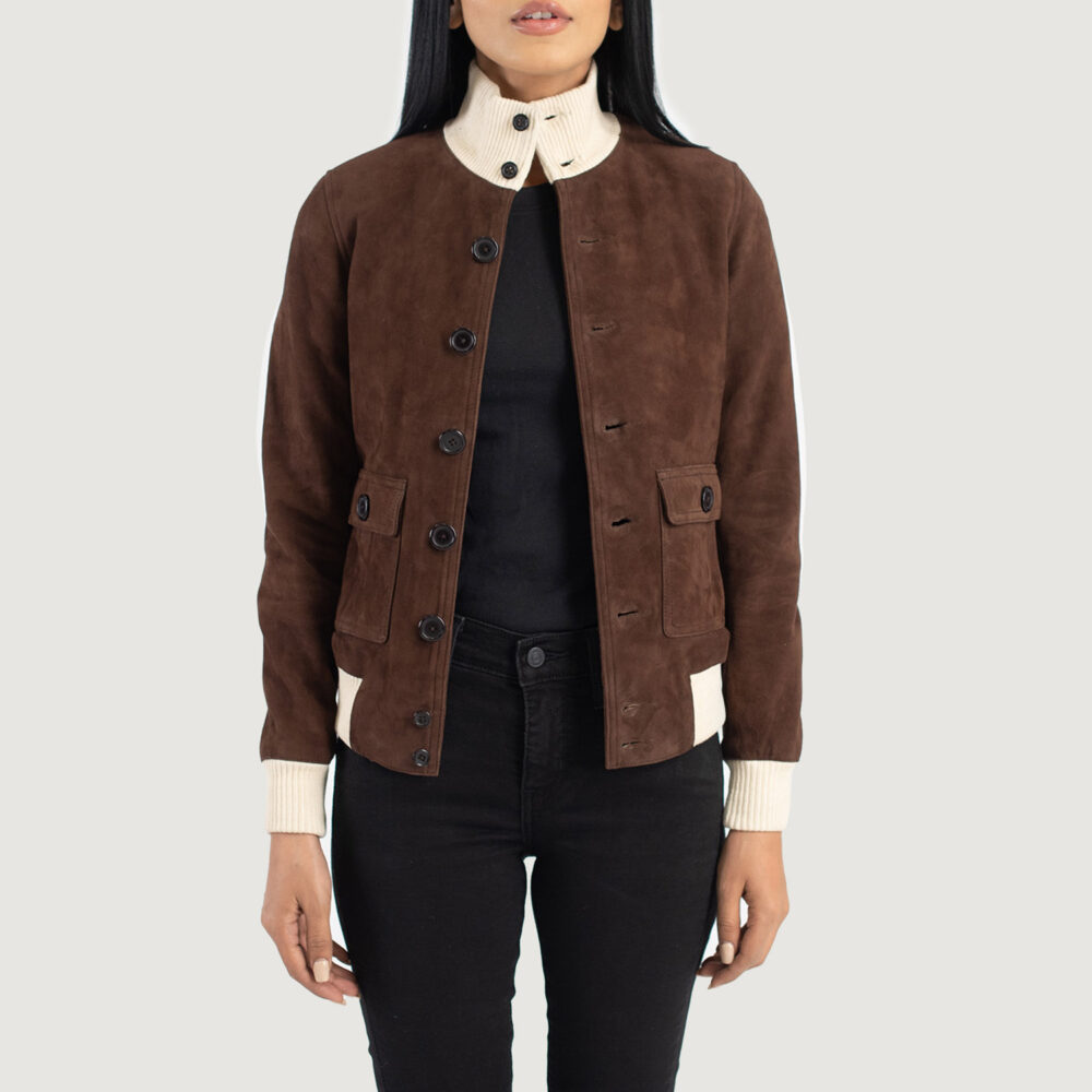 Sasha A1 Brown Suede Bomber Leather Jacket - Image 2
