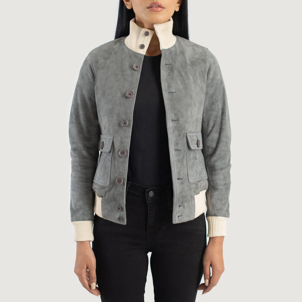 Sasha A1 Grey Suede Bomber Leather Jacket