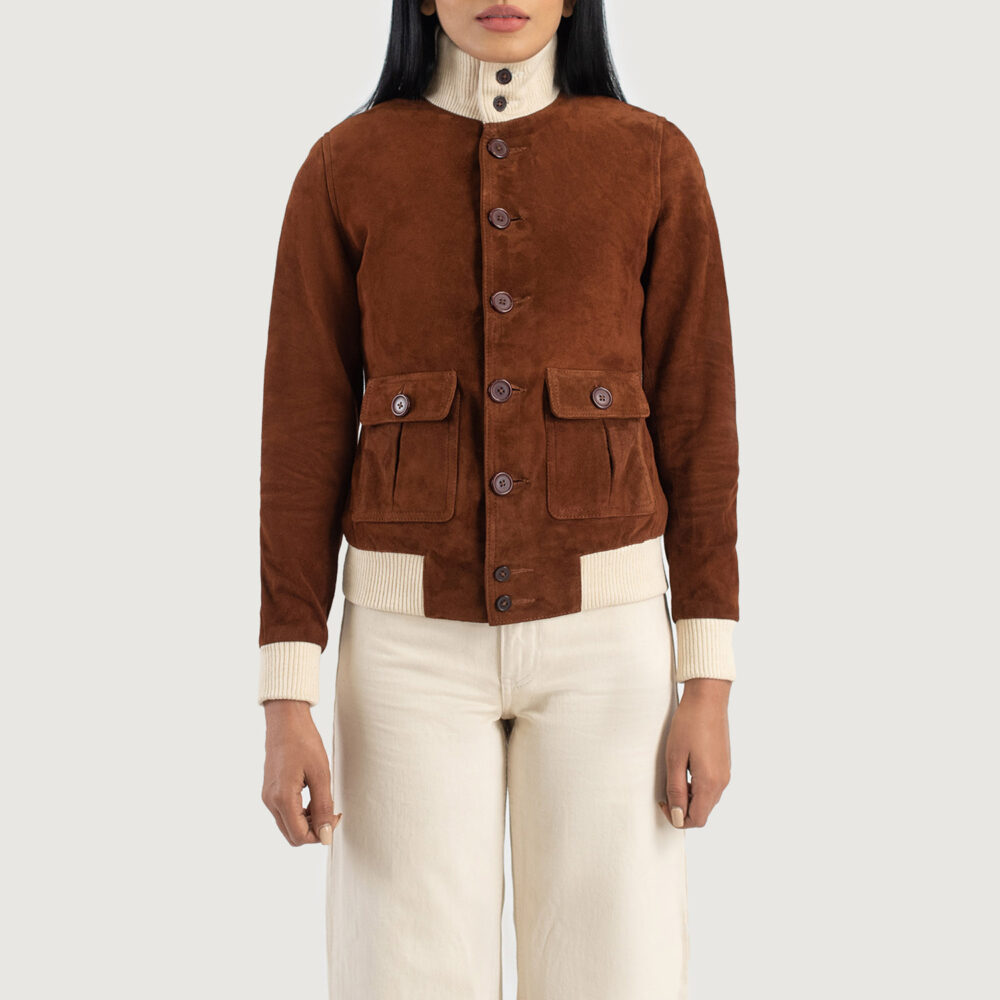 Women's+Sasha+A1+Mocha+Suede+Bomber+Jacket+Close+Front-5-