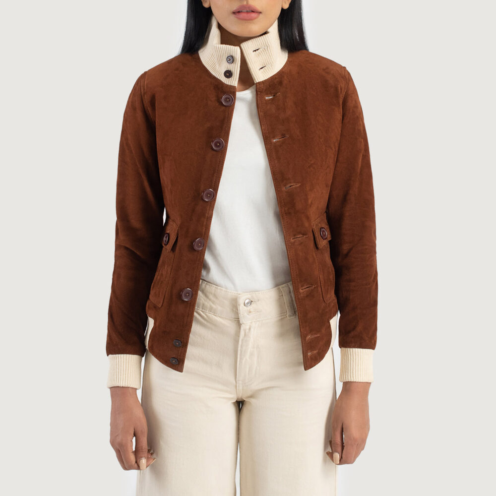 Sasha A1 Mocha Suede Bomber Leather Jacket - Image 2