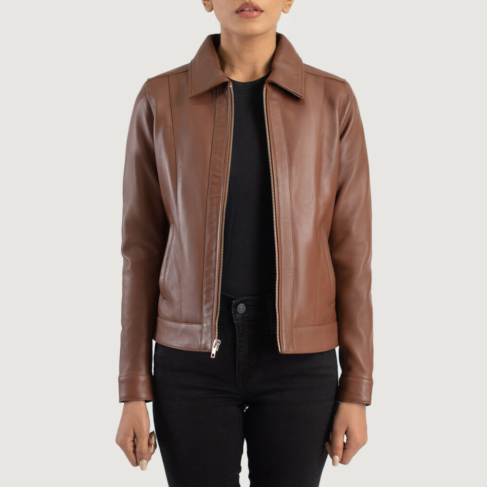 Vixen Brown Classic Collar Real Leather Jacket - Image 2