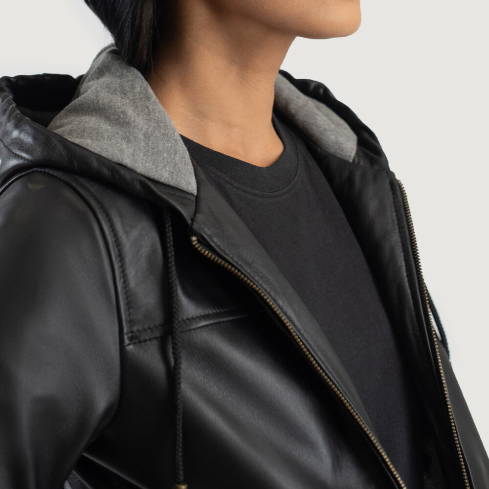 Bella Black Hooded Real Leather Bomber Jacket - Image 3