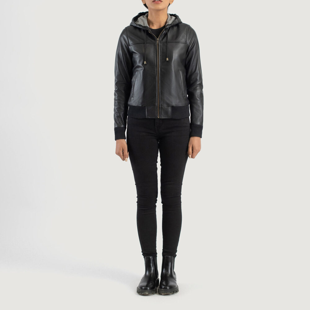 Bella Black Hooded Real Leather Bomber Jacket - Image 6