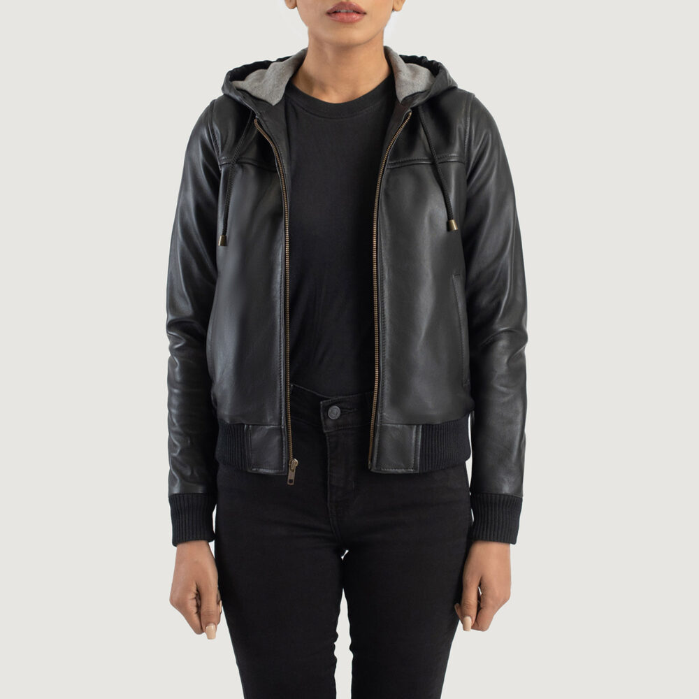 Bella Black Hooded Real Leather Bomber Jacket - Image 2