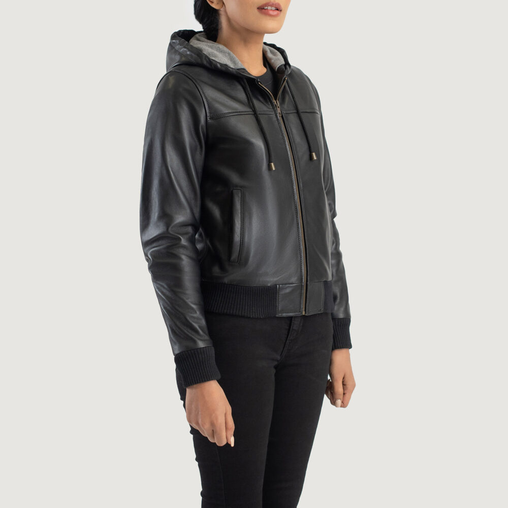 Bella Black Hooded Real Leather Bomber Jacket - Image 4