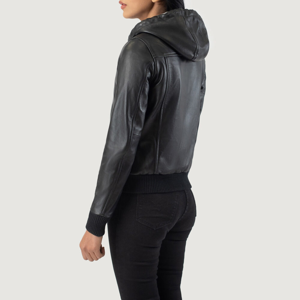 Bella Black Hooded Real Leather Bomber Jacket - Image 5