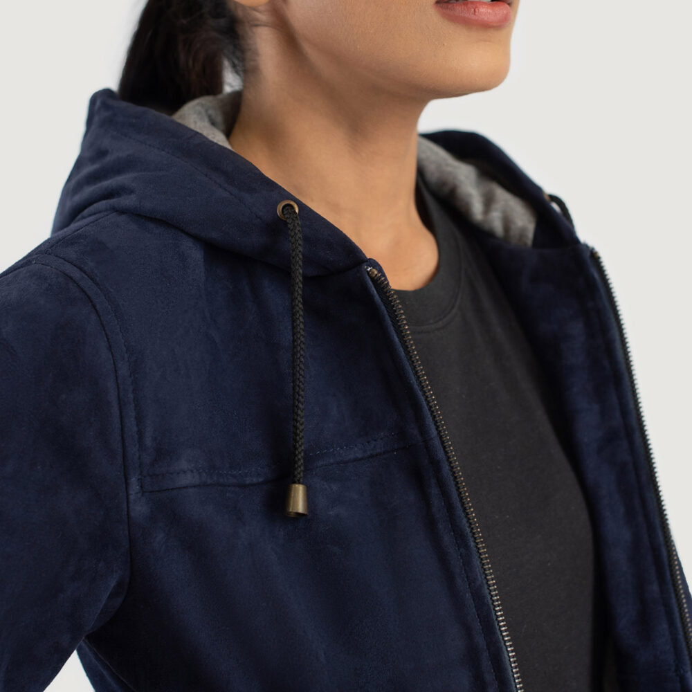 Bella Blue Hooded Real Leather Suede Bomber Jacket - Image 3