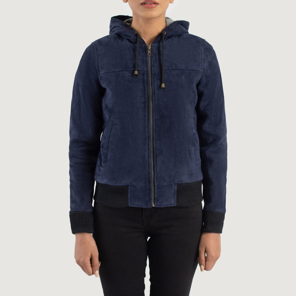 Women's+bella+Blue+Hooded+Suede+Bomber+Jacket+Close+Front-5-