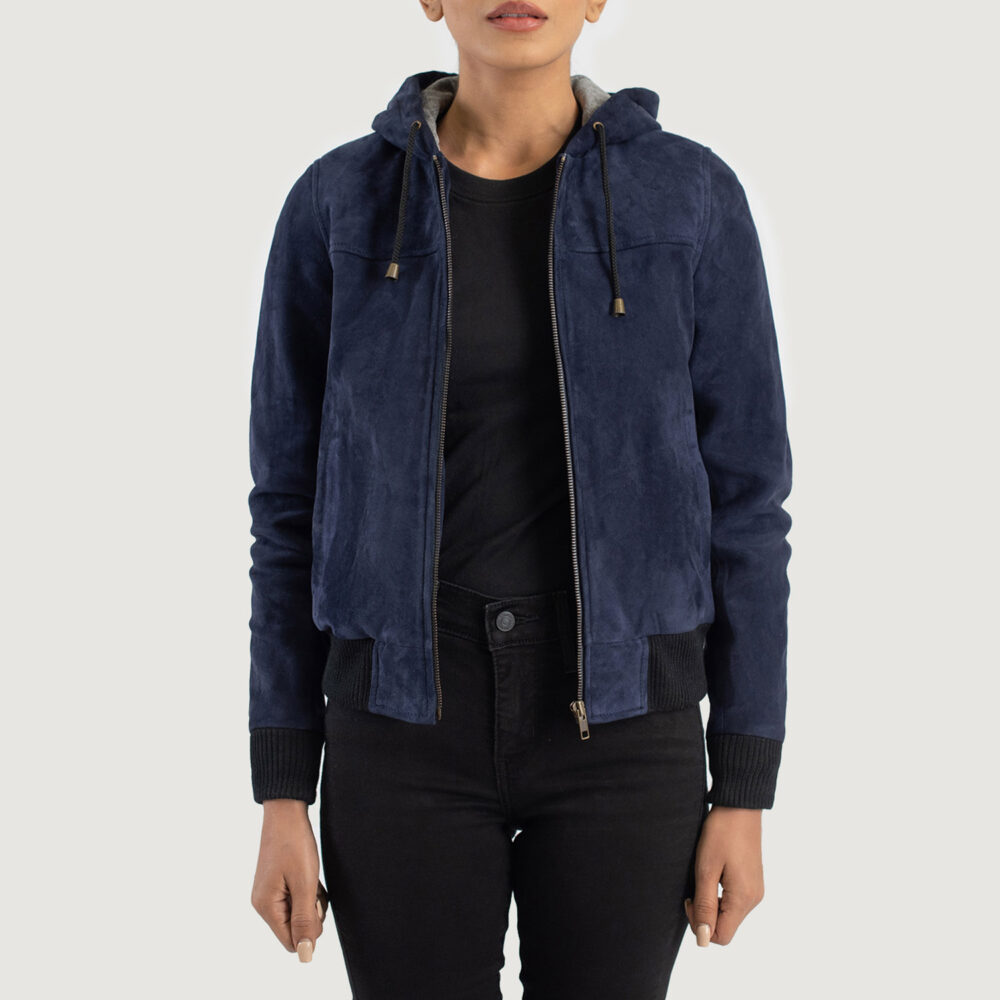 Bella Blue Hooded Real Leather Suede Bomber Jacket - Image 2