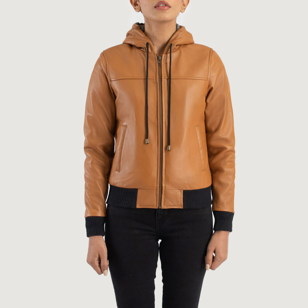 Women's+bella+Brown+Hooded+Leather+Bomber+Jacket+Close+Front-5-