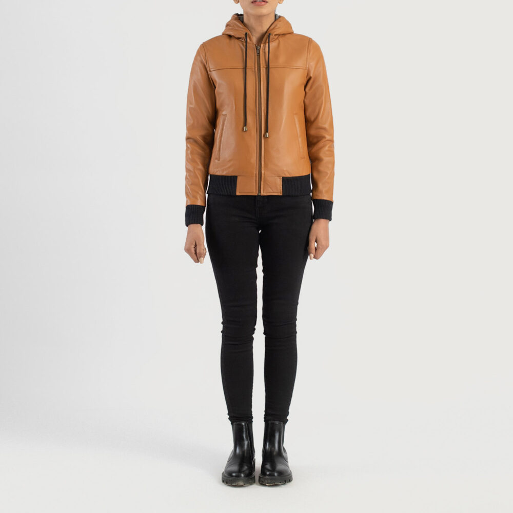 Bella Brown Hooded Real Leather Bomber Jacket