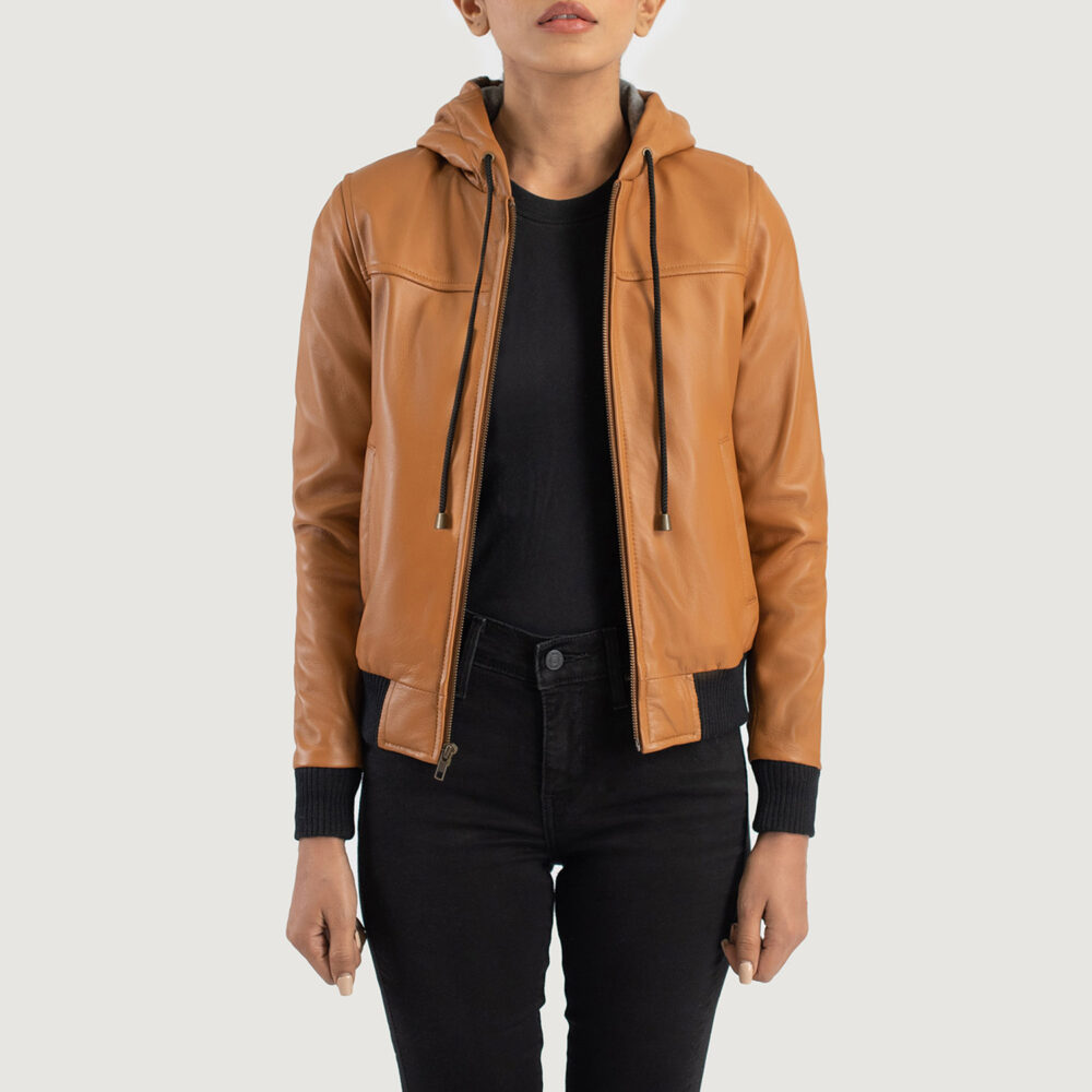 Bella Brown Hooded Real Leather Bomber Jacket