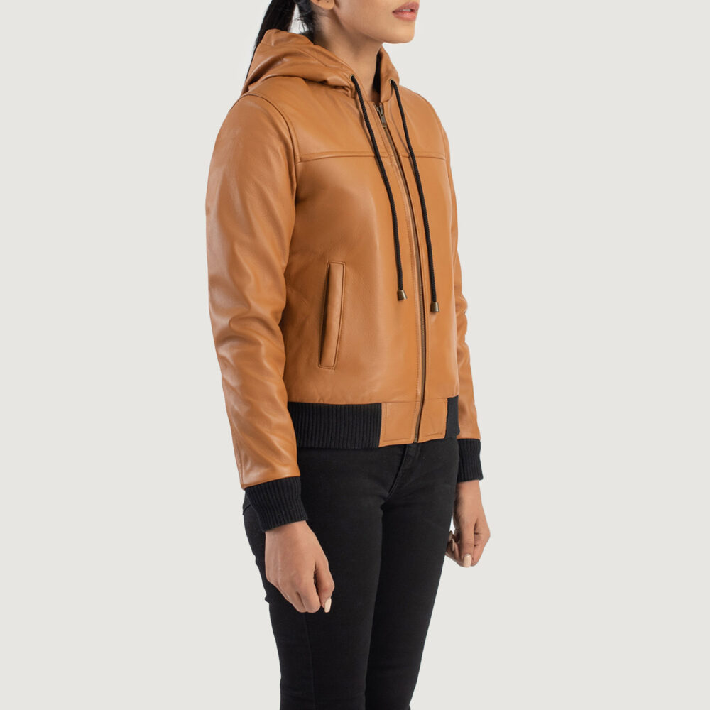 Bella Brown Hooded Real Leather Bomber Jacket