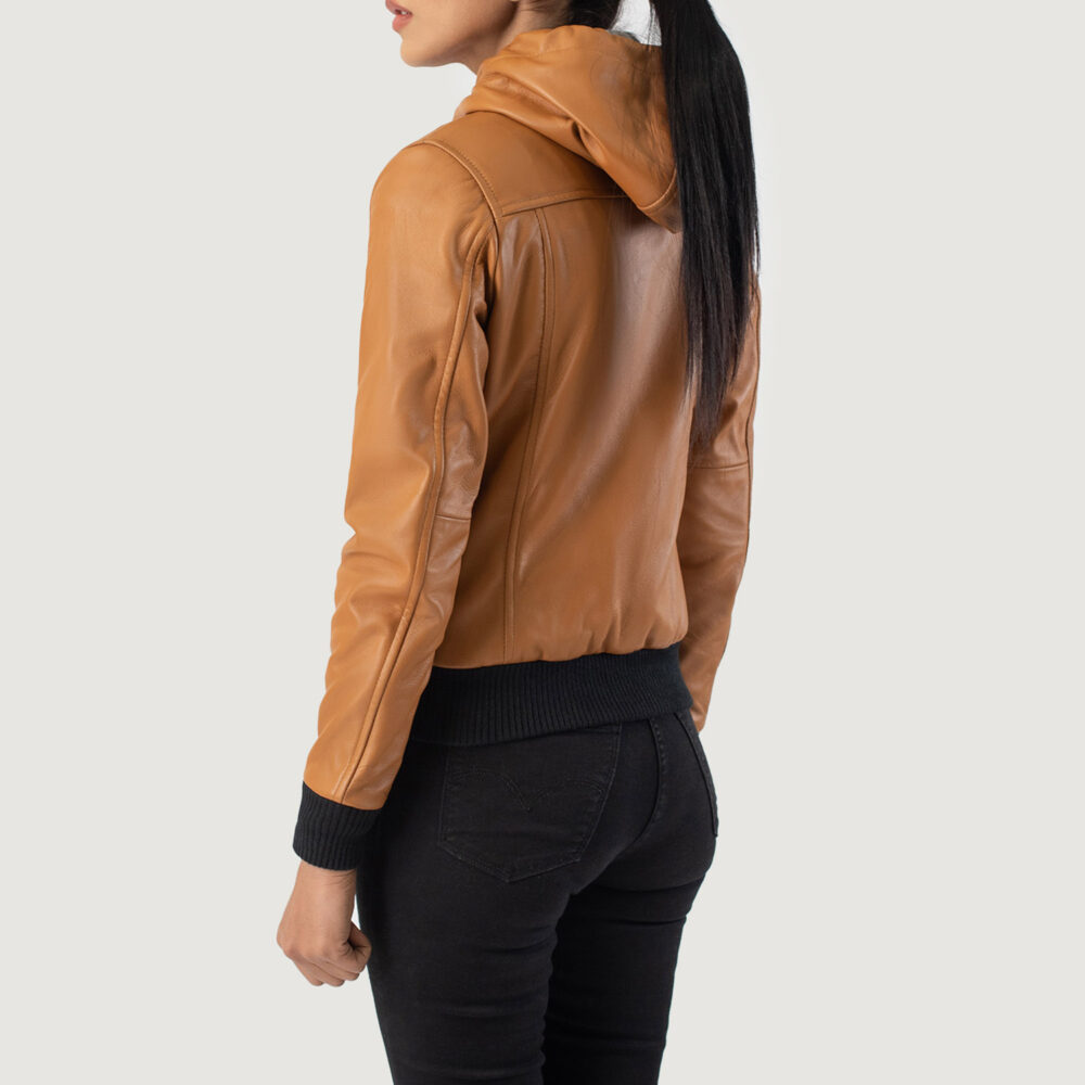 Bella Brown Hooded Real Leather Bomber Jacket