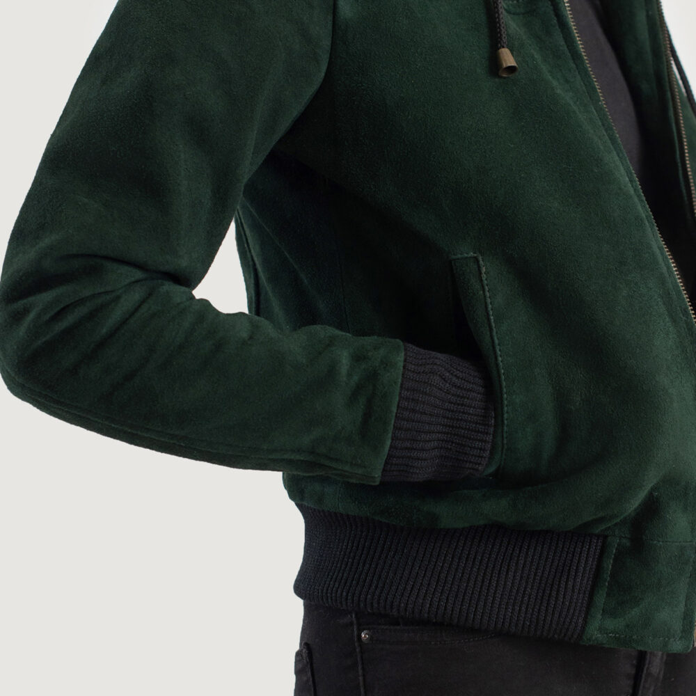 Bella Green Hooded Real Leather Suede Bomber Jacket