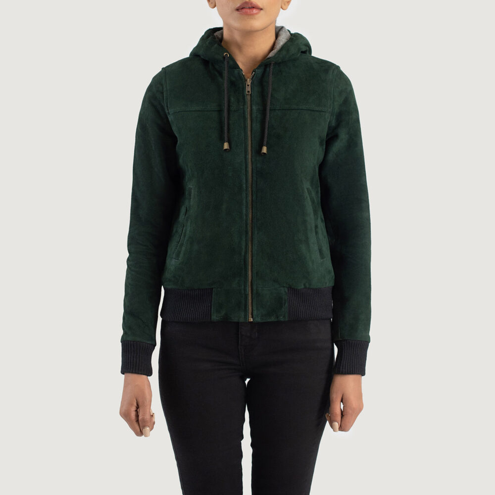 Women's+bella+Green+Hooded+Suede+Bomber+Jacket+Close+Front-5-