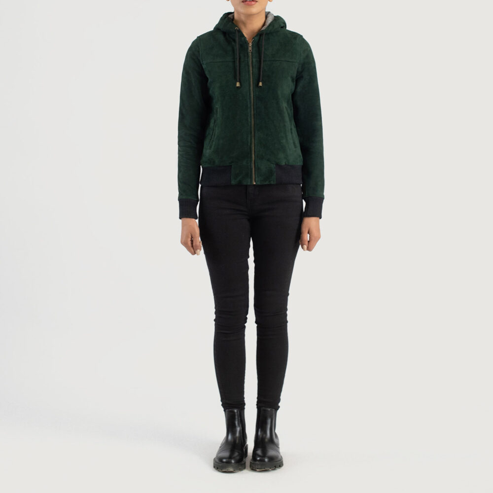 Bella Green Hooded Real Leather Suede Bomber Jacket