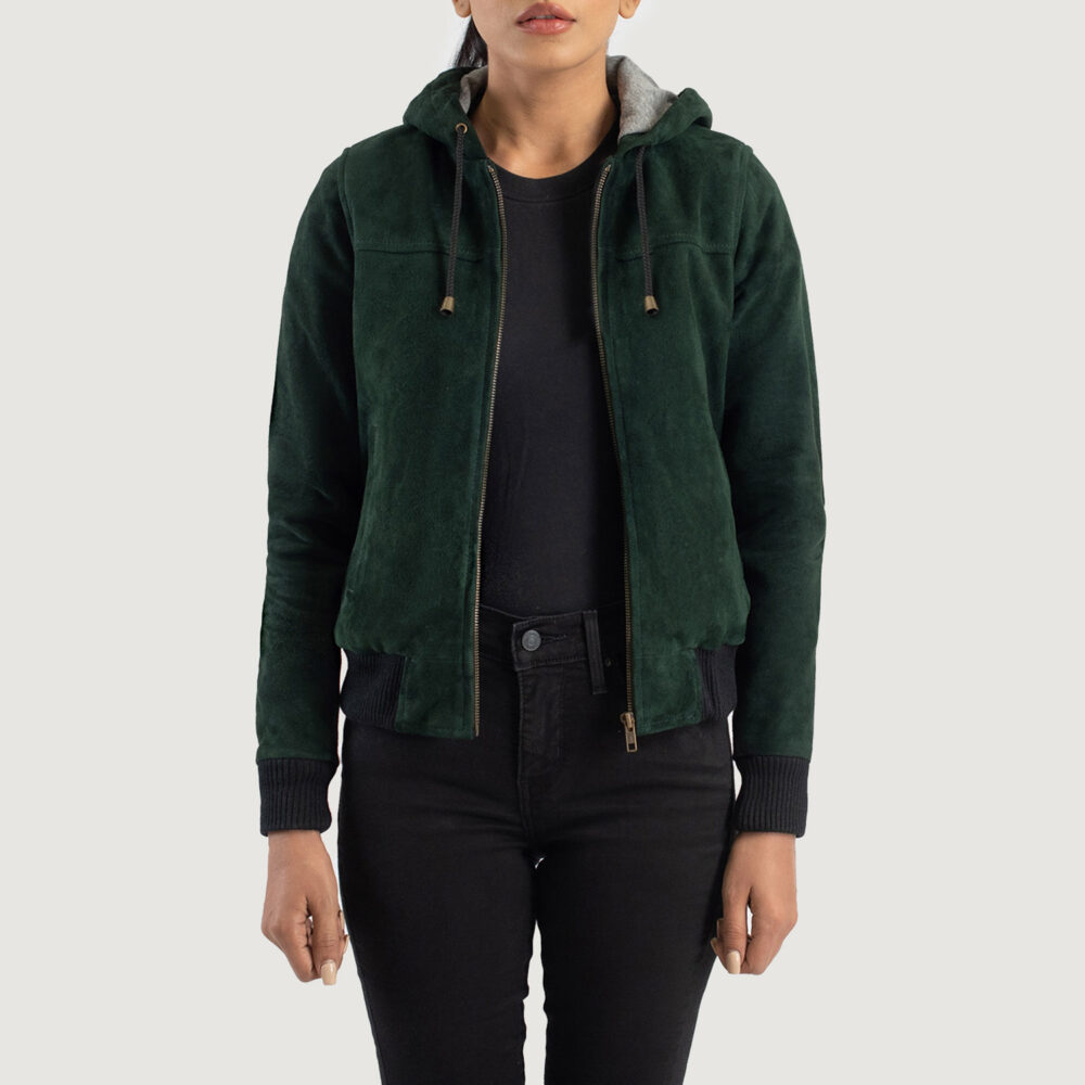 Bella Green Hooded Real Leather Suede Bomber Jacket